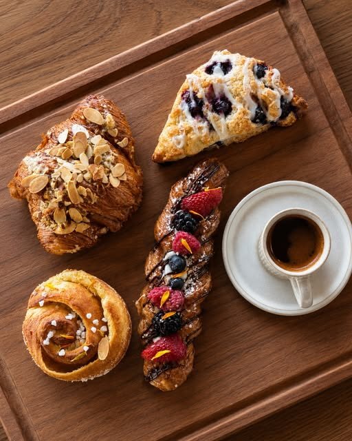 Flat-lay of house-made pastries with an espresso