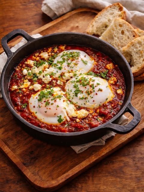 Shakshuka baked in a cast-iron pan with fresh bread